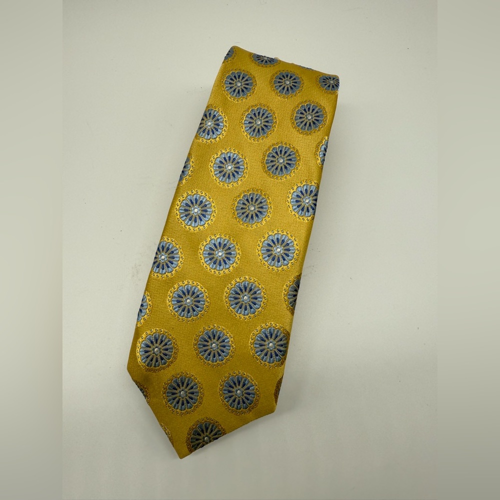 Ike Behar Yellow Gold and Blue Floral Patterned Tie Modern office formal wedding - Picture 2 of 7